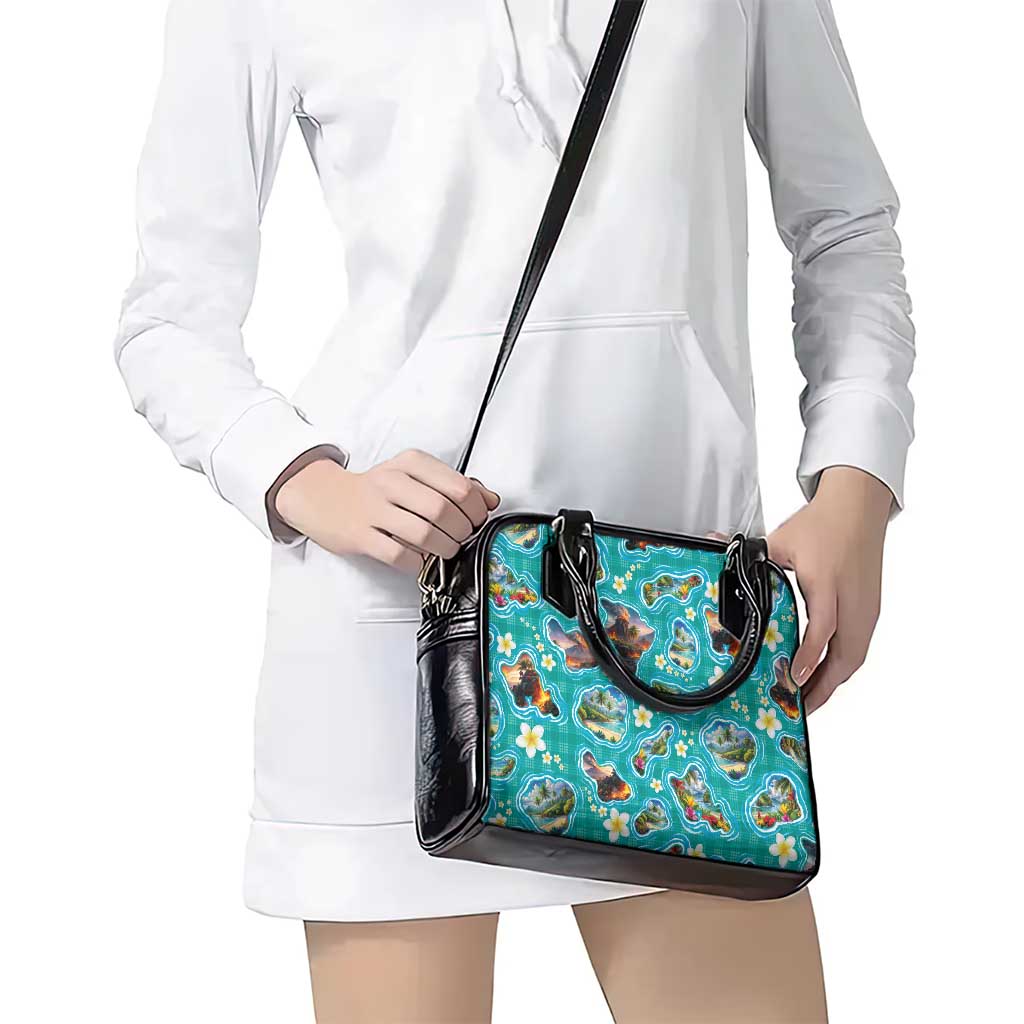 Hawaii Map with Plumeria Flower and Palaka Pattern Shoulder Handbag Tropical Island Teal Design LT03 - Polynesian Pride