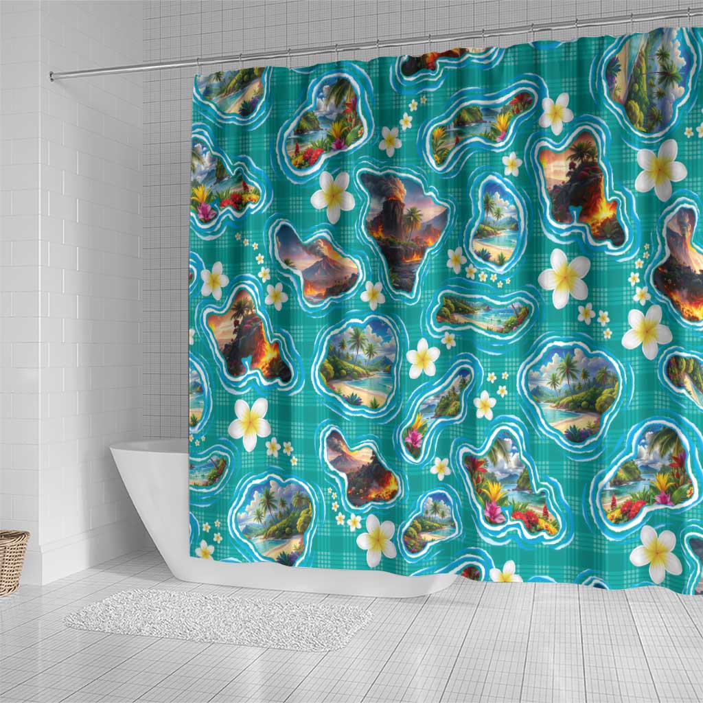 Hawaii Map with Plumeria Flower and Palaka Pattern Shower Curtain Tropical Island Teal Design