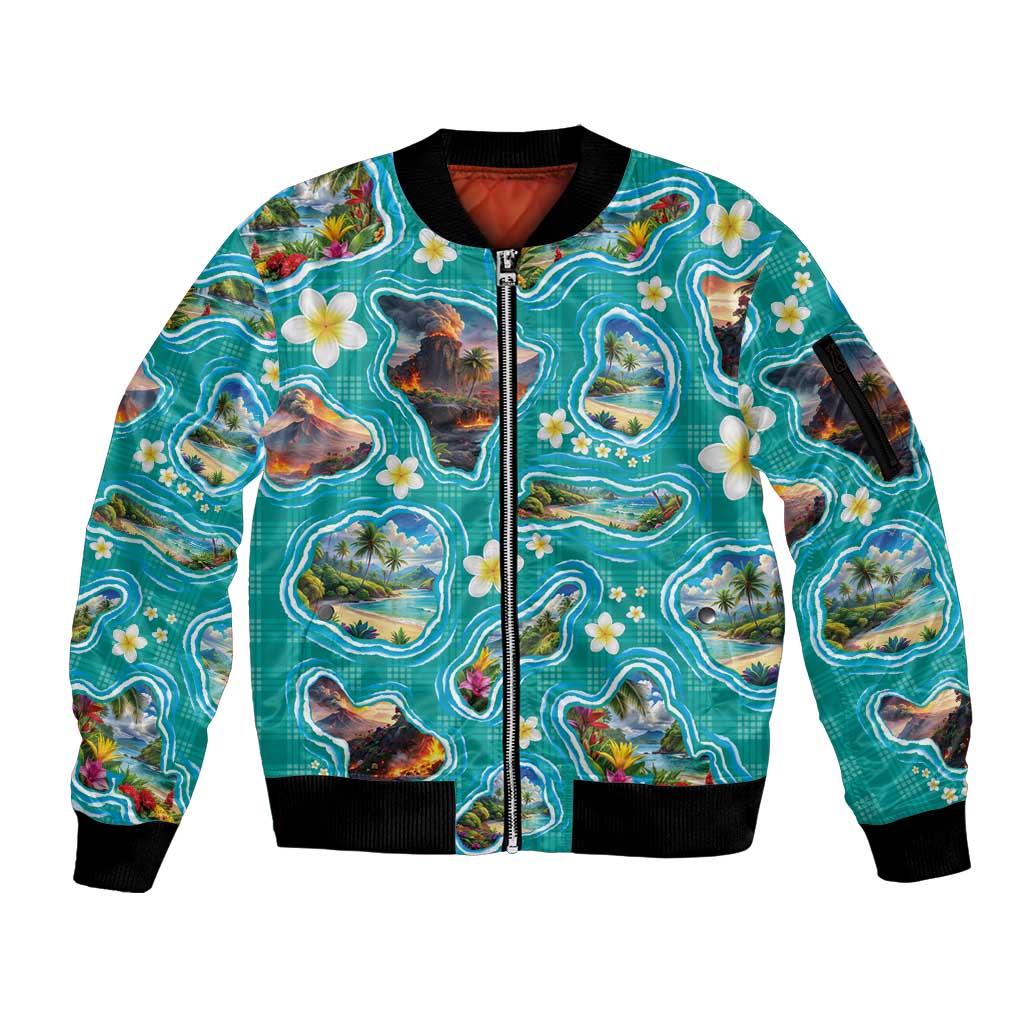 Hawaii Map with Plumeria Flower and Palaka Pattern Sleeve Zip Bomber Jacket Tropical Island Teal Design