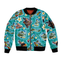 Hawaii Map with Plumeria Flower and Palaka Pattern Sleeve Zip Bomber Jacket Tropical Island Teal Design