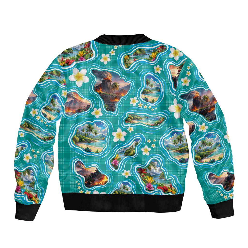 Hawaii Map with Plumeria Flower and Palaka Pattern Sleeve Zip Bomber Jacket Tropical Island Teal Design