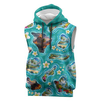 Hawaii Map with Plumeria Flower and Palaka Pattern Sleeveless Hoodie Tropical Island Teal Design LT03 Teal - Polynesian Pride