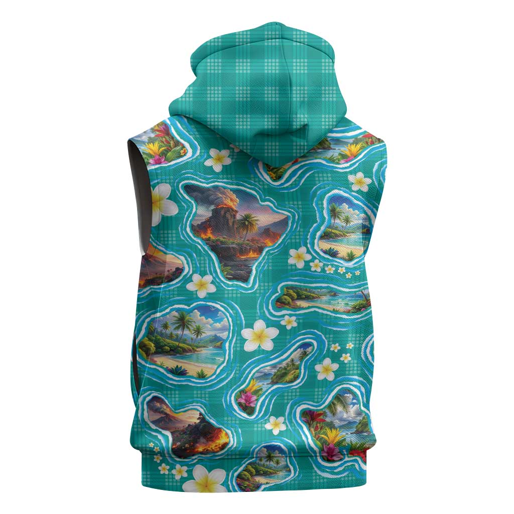 Hawaii Map with Plumeria Flower and Palaka Pattern Sleeveless Hoodie Tropical Island Teal Design LT03 - Polynesian Pride