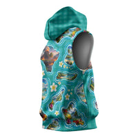 Hawaii Map with Plumeria Flower and Palaka Pattern Sleeveless Hoodie Tropical Island Teal Design LT03 - Polynesian Pride