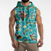 Hawaii Map with Plumeria Flower and Palaka Pattern Sleeveless Hoodie Tropical Island Teal Design LT03 - Polynesian Pride