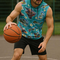 Hawaii Map with Plumeria Flower and Palaka Pattern Sleeveless Hoodie Tropical Island Teal Design LT03 - Polynesian Pride