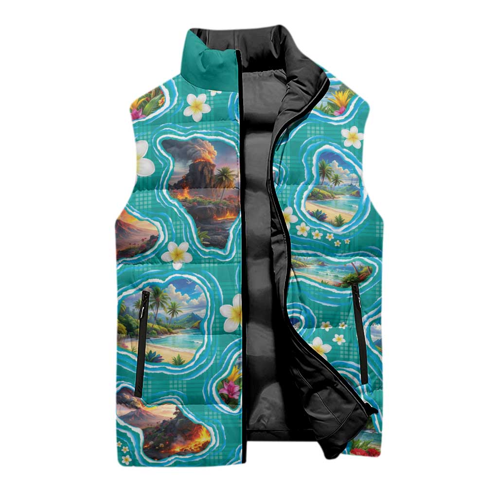 Hawaii Map with Plumeria Flower and Palaka Pattern Sleeveless Puffer Jacket Tropical Island Teal Design