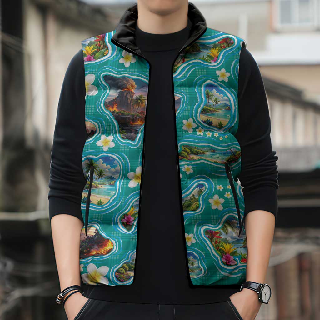 Hawaii Map with Plumeria Flower and Palaka Pattern Sleeveless Puffer Jacket Tropical Island Teal Design