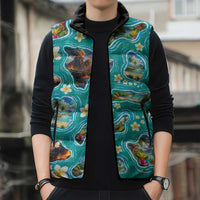Hawaii Map with Plumeria Flower and Palaka Pattern Sleeveless Puffer Jacket Tropical Island Teal Design
