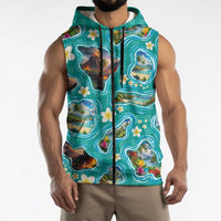Hawaii Map with Plumeria Flower and Palaka Pattern Sleeveless Zip Hoodie Tropical Island Teal Design