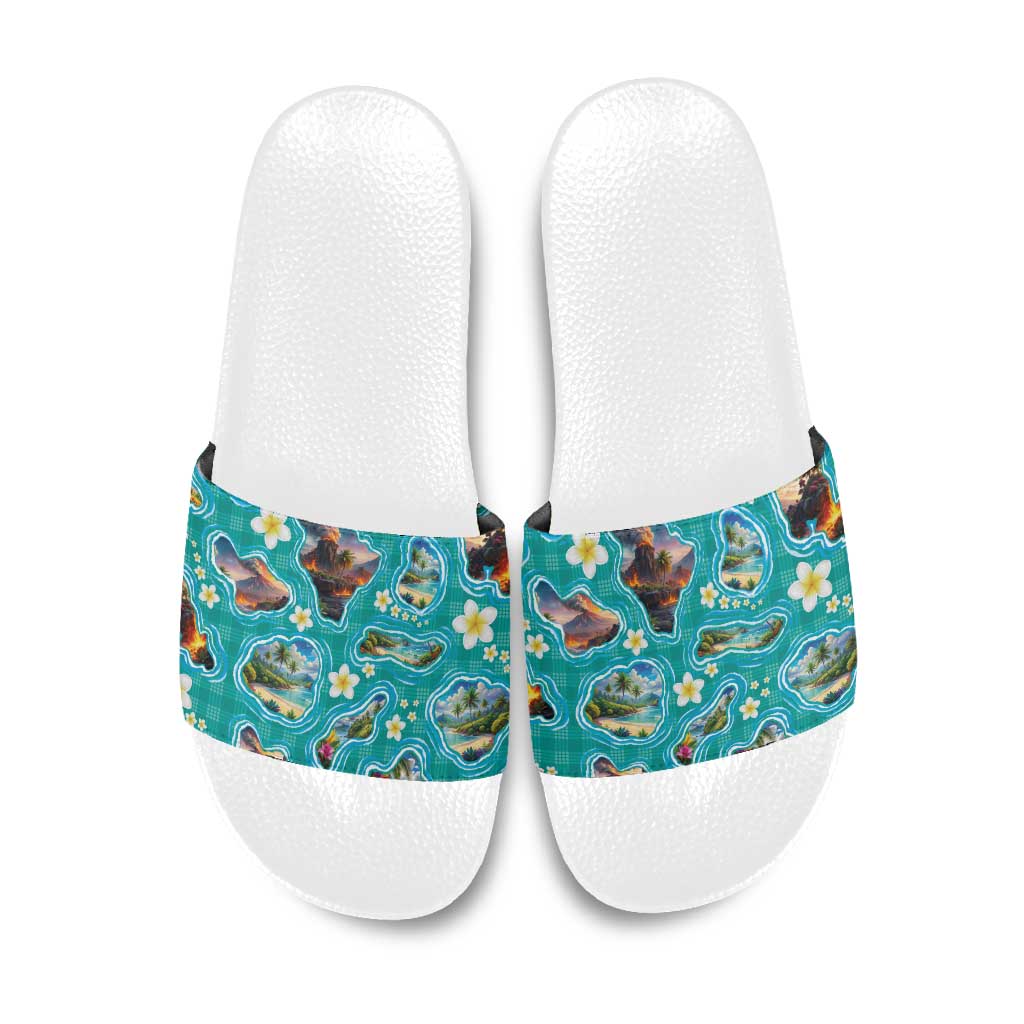Hawaii Map with Plumeria Flower and Palaka Pattern Slide Sandals Tropical Island Teal Design