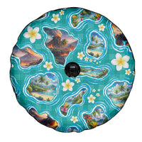 Hawaii Map with Plumeria Flower and Palaka Pattern Spare Tire Cover Tropical Island Teal Design