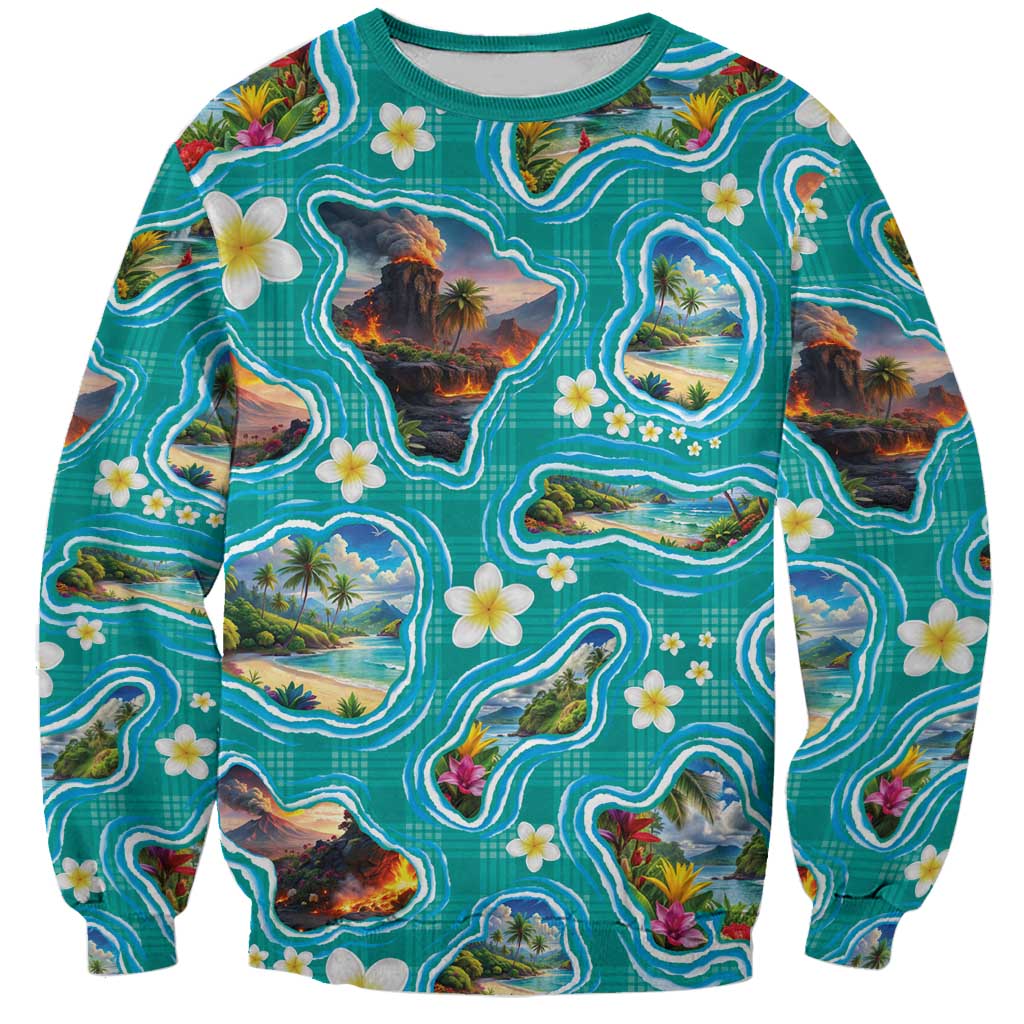 Hawaii Map with Plumeria Flower and Palaka Pattern Sweatshirt Tropical Island Teal Design