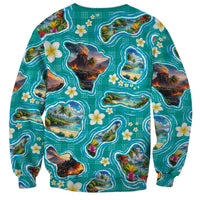 Hawaii Map with Plumeria Flower and Palaka Pattern Sweatshirt Tropical Island Teal Design