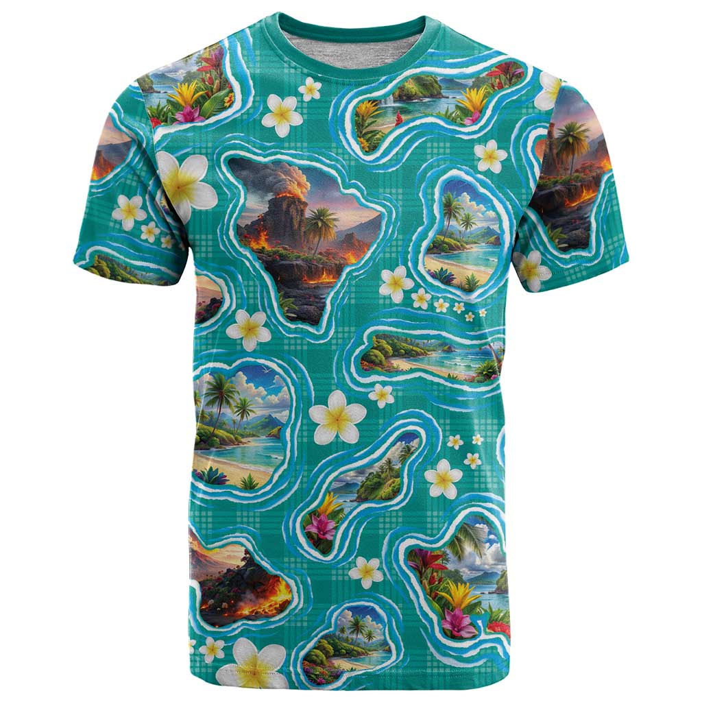Hawaii Map with Plumeria Flower and Palaka Pattern T Shirt Tropical Island Teal Design