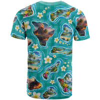 Hawaii Map with Plumeria Flower and Palaka Pattern T Shirt Tropical Island Teal Design