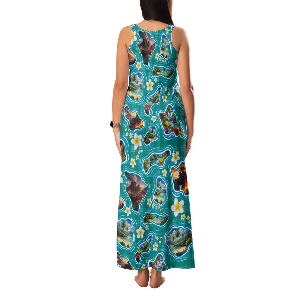 Hawaii Map with Plumeria Flower and Palaka Pattern Tank Maxi Dress Tropical Island Teal Design