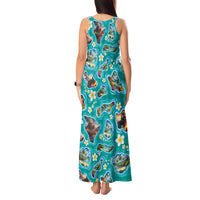 Hawaii Map with Plumeria Flower and Palaka Pattern Tank Maxi Dress Tropical Island Teal Design