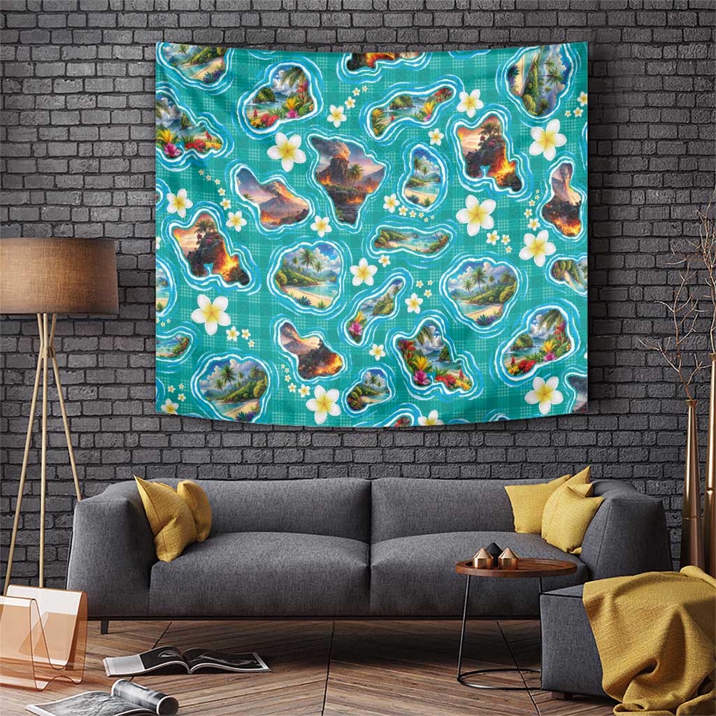 Hawaii Map with Plumeria Flower and Palaka Pattern Tapestry Tropical Island Teal Design