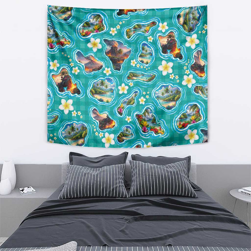 Hawaii Map with Plumeria Flower and Palaka Pattern Tapestry Tropical Island Teal Design