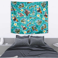 Hawaii Map with Plumeria Flower and Palaka Pattern Tapestry Tropical Island Teal Design