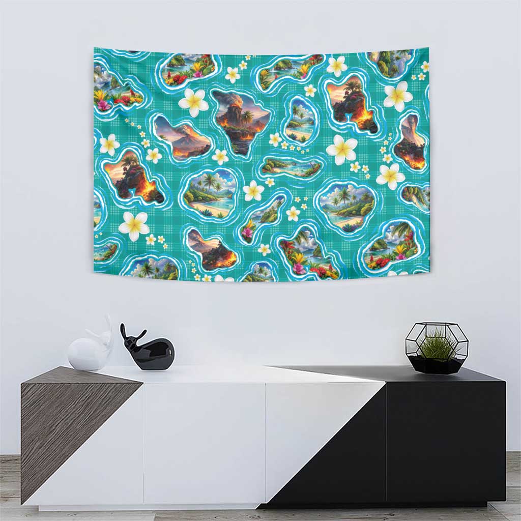 Hawaii Map with Plumeria Flower and Palaka Pattern Tapestry Tropical Island Teal Design