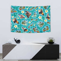 Hawaii Map with Plumeria Flower and Palaka Pattern Tapestry Tropical Island Teal Design