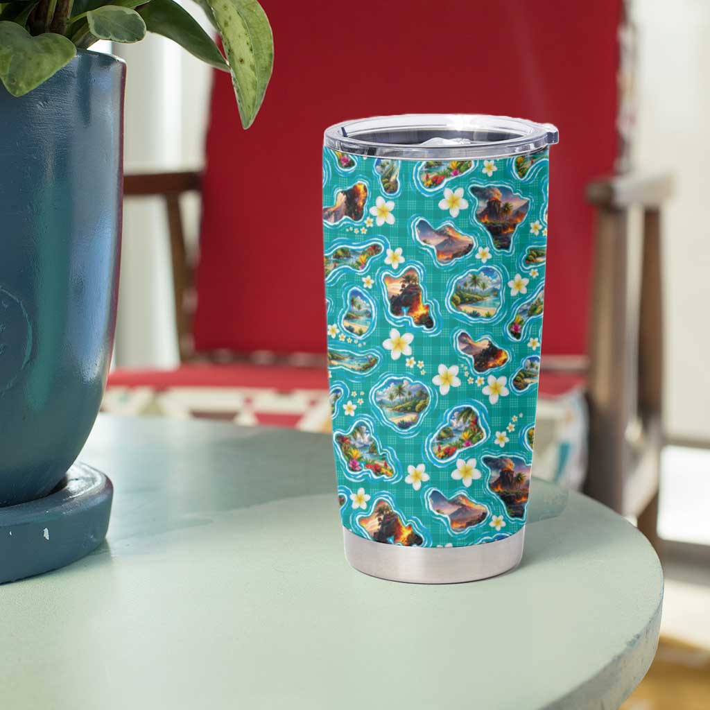 Hawaii Map with Plumeria Flower and Palaka Pattern Tumbler Cup Tropical Island Teal Design