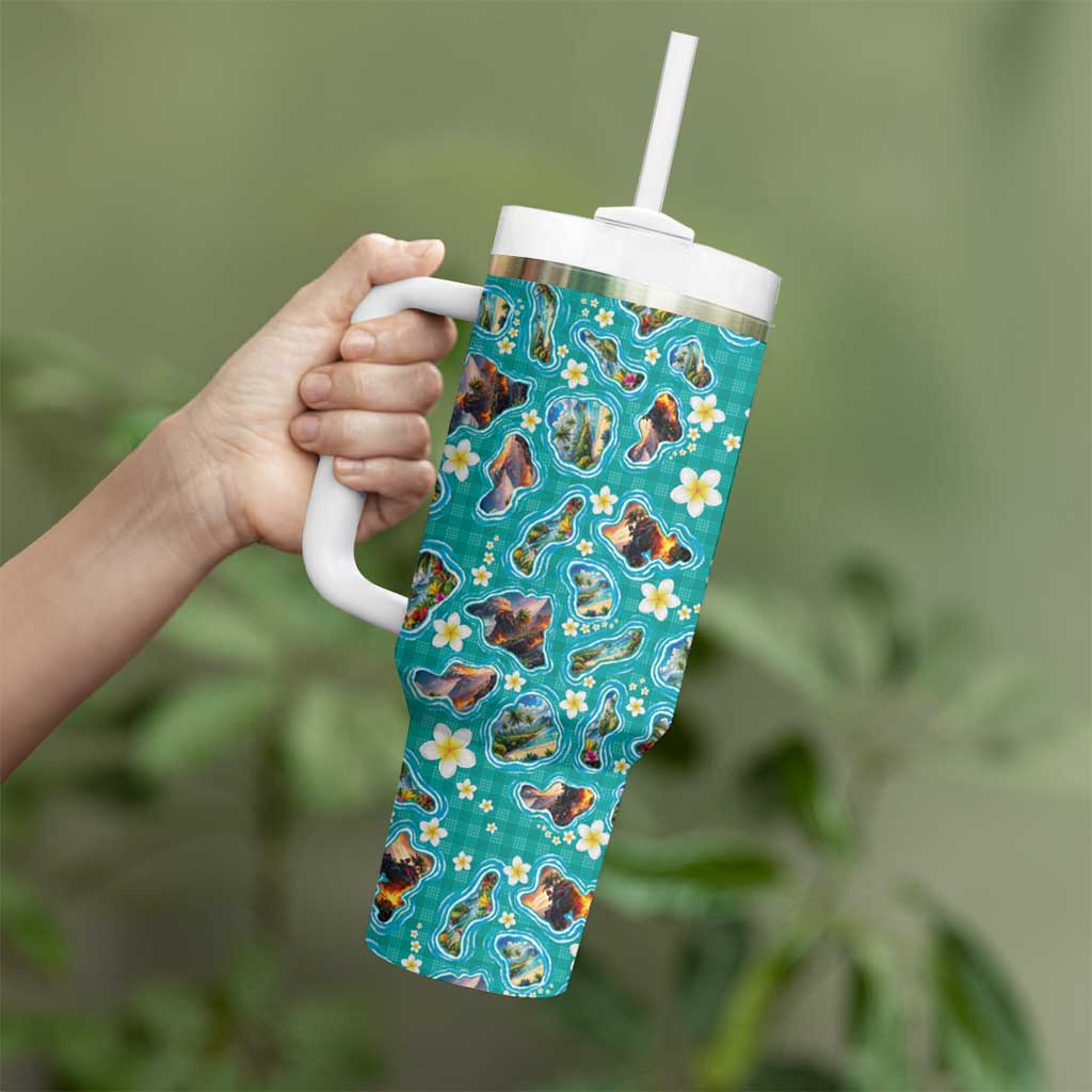 Hawaii Map with Plumeria Flower and Palaka Pattern Tumbler With Handle Tropical Island Teal Design
