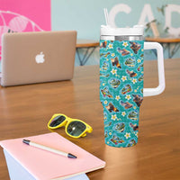 Hawaii Map with Plumeria Flower and Palaka Pattern Tumbler With Handle Tropical Island Teal Design