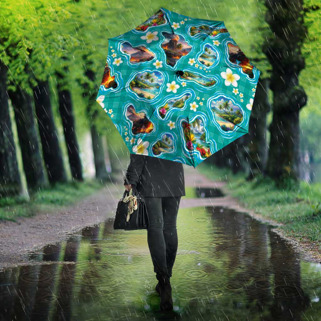 Hawaii Map with Plumeria Flower and Palaka Pattern Umbrella Tropical Island Teal Design