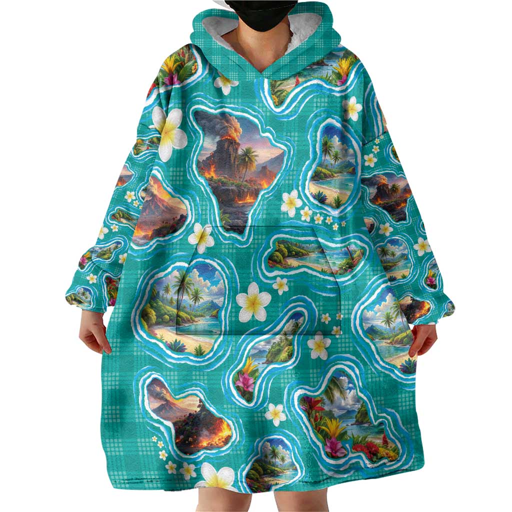 Hawaii Map with Plumeria Flower and Palaka Pattern Wearable Blanket Hoodie Tropical Island Teal Design