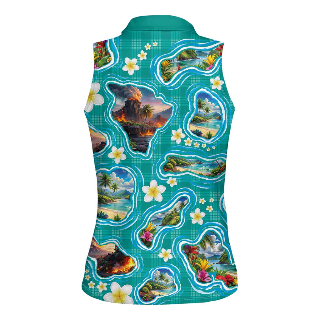Hawaii Map with Plumeria Flower and Palaka Pattern Women Sleeveless Polo Shirt Tropical Island Teal Design LT03 - Polynesian Pride