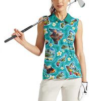 Hawaii Map with Plumeria Flower and Palaka Pattern Women Sleeveless Polo Shirt Tropical Island Teal Design LT03 - Polynesian Pride