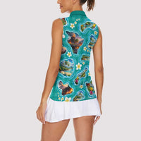 Hawaii Map with Plumeria Flower and Palaka Pattern Women Sleeveless Polo Shirt Tropical Island Teal Design LT03 - Polynesian Pride