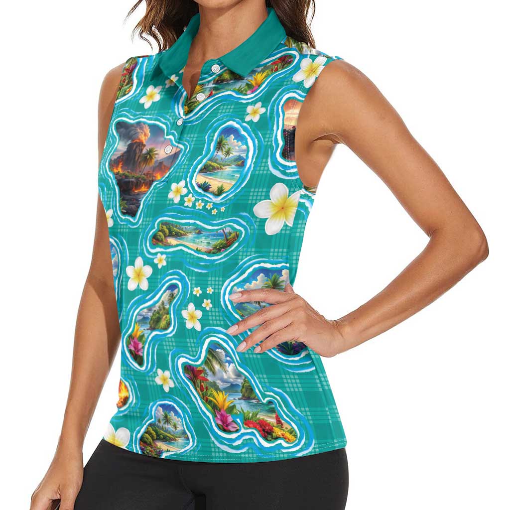Hawaii Map with Plumeria Flower and Palaka Pattern Women Sleeveless Polo Shirt Tropical Island Teal Design LT03 - Polynesian Pride
