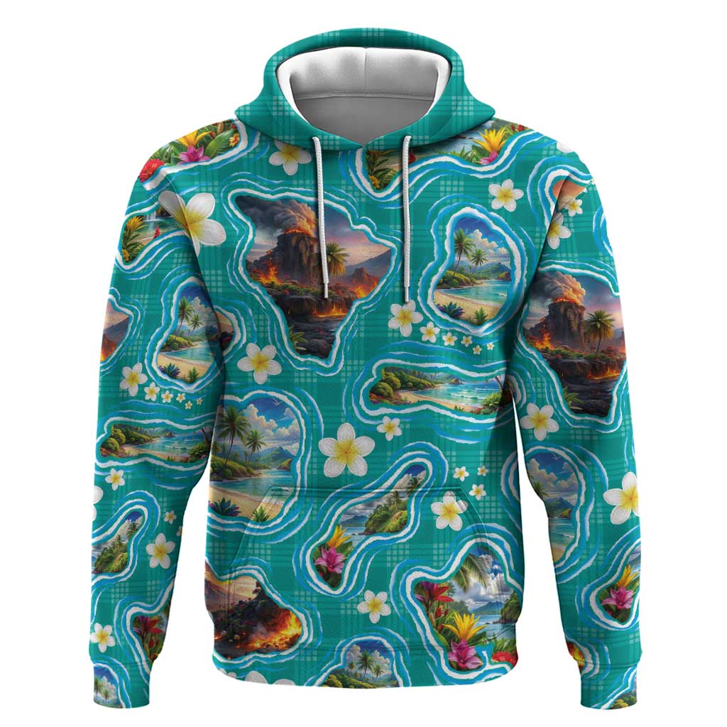 Hawaii Map with Plumeria Flower and Palaka Pattern Zip Hoodie Tropical Island Teal Design
