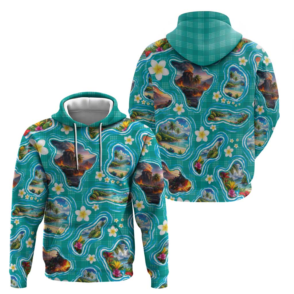 Hawaii Map with Plumeria Flower and Palaka Pattern Zip Hoodie Tropical Island Teal Design