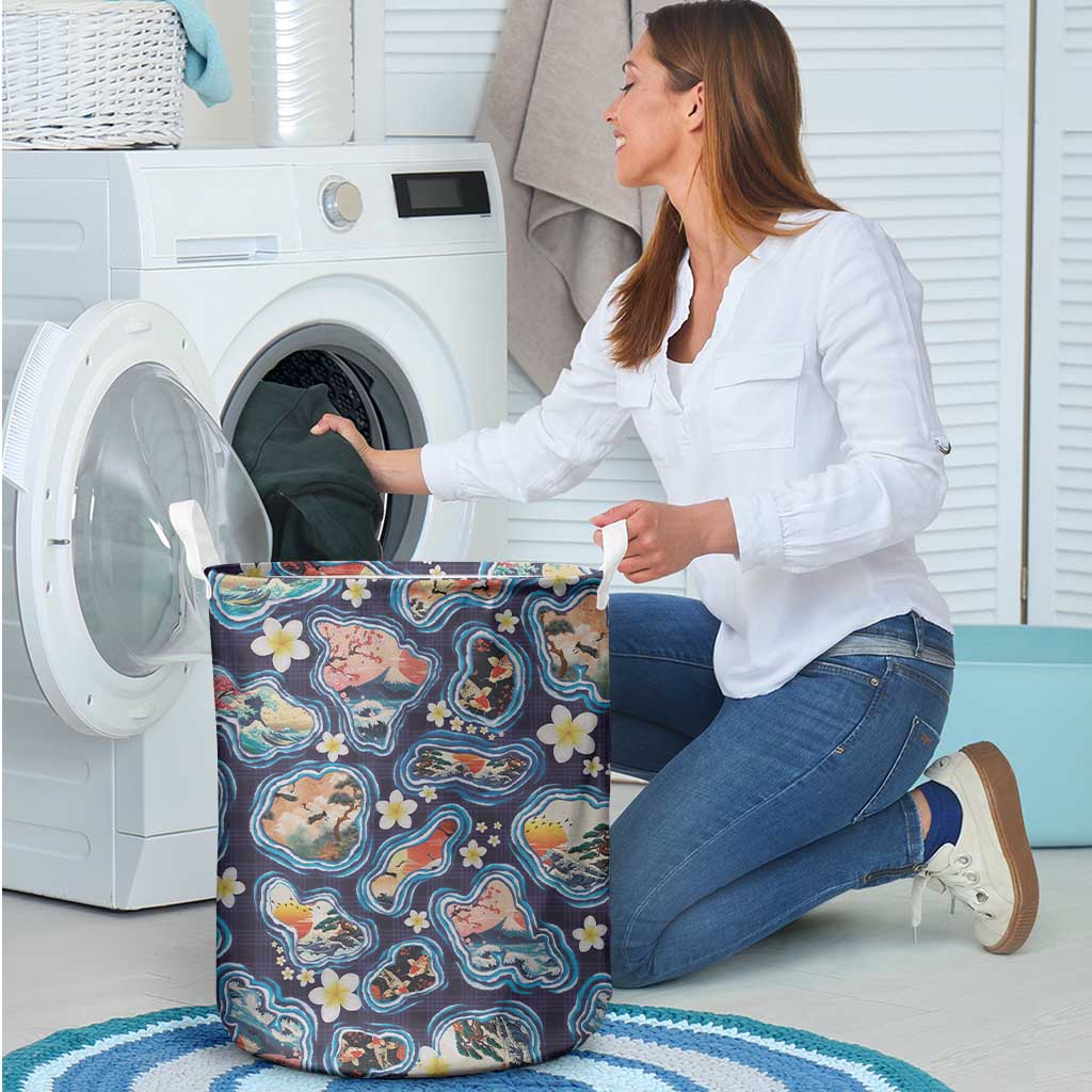 Hawaii Islands Map Design with Japanese Landscape Laundry Basket Hawaiian Japan Fusion Art Navy Color