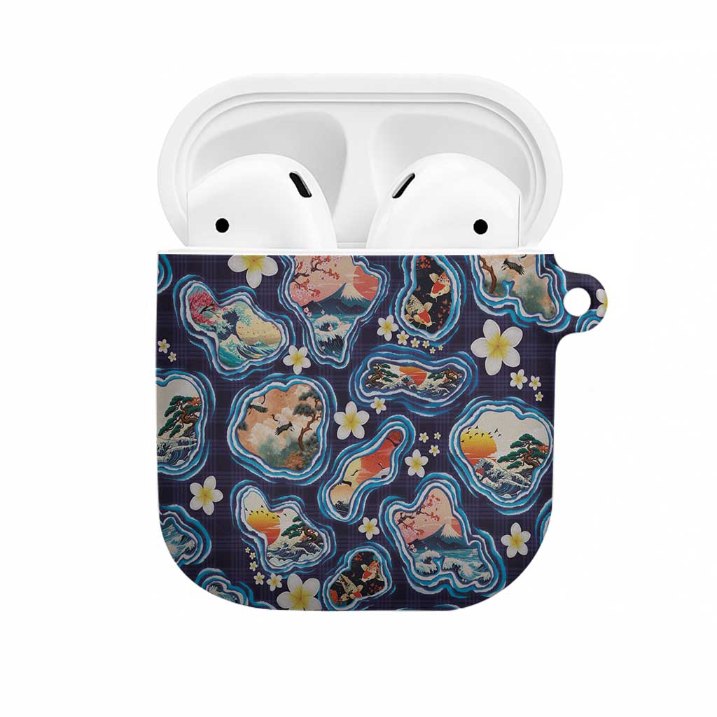 Hawaii Islands Map Design with Japanese Landscape AirPods Case Hawaiian Japan Fusion Art Navy Color