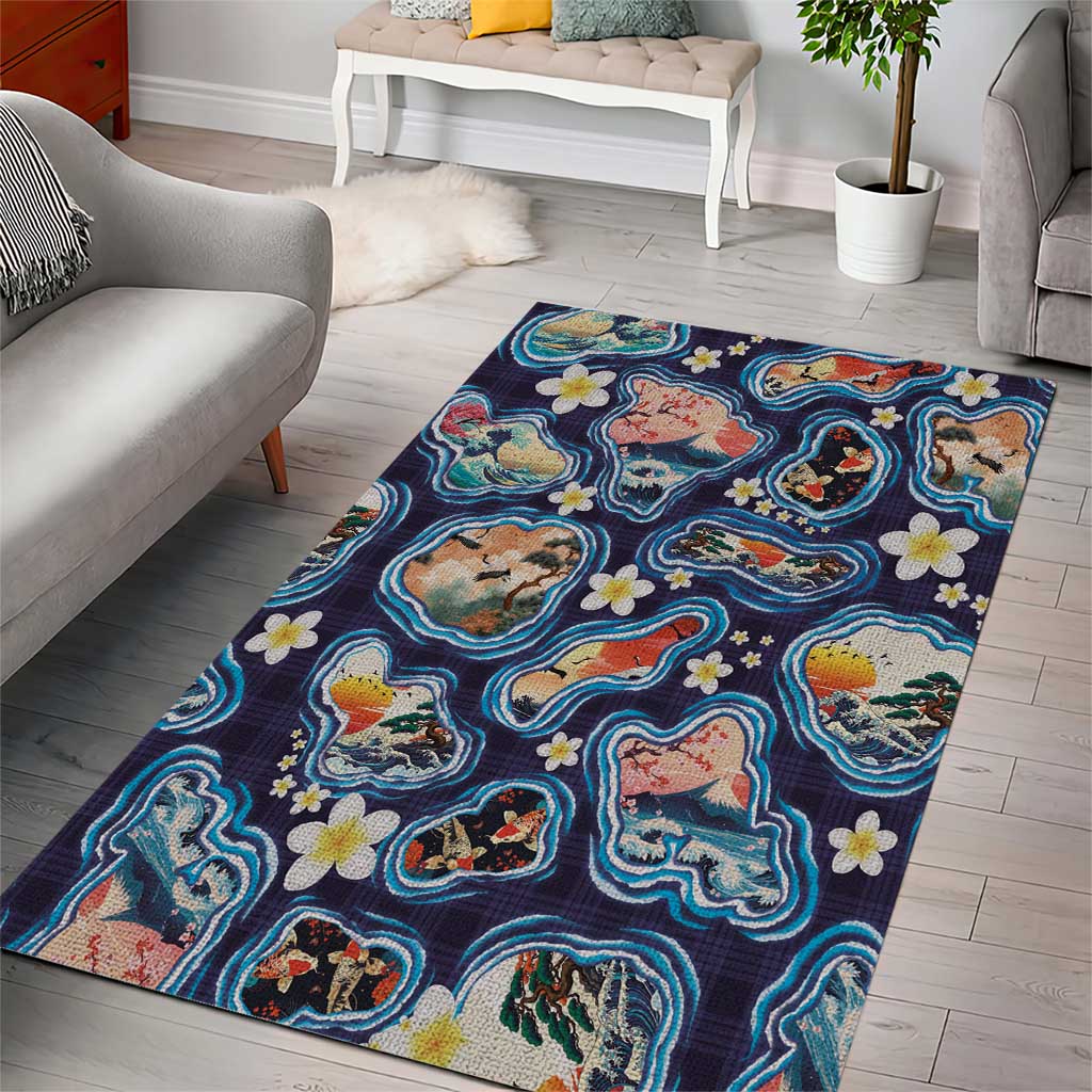 Hawaii Islands Map Design with Japanese Landscape Area Rug Hawaiian Japan Fusion Art Navy Color LT03 - Polynesian Pride