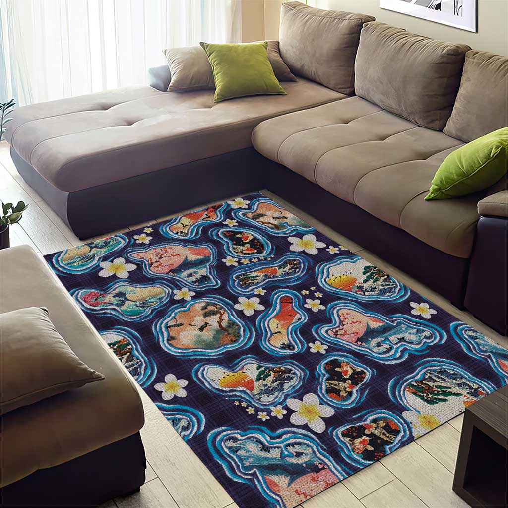 Hawaii Islands Map Design with Japanese Landscape Area Rug Hawaiian Japan Fusion Art Navy Color LT03 - Polynesian Pride