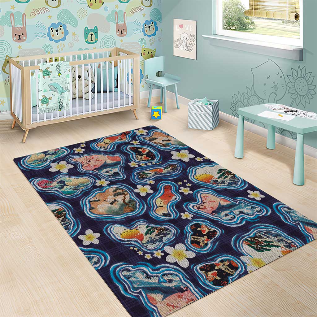 Hawaii Islands Map Design with Japanese Landscape Area Rug Hawaiian Japan Fusion Art Navy Color LT03 - Polynesian Pride