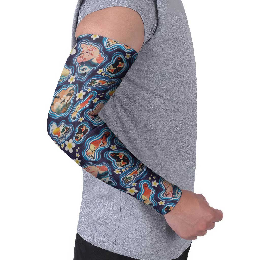 Hawaii Islands Map Design with Japanese Landscape Arm Sleeves Hawaiian Japan Fusion Art Navy Color LT03 - Polynesian Pride