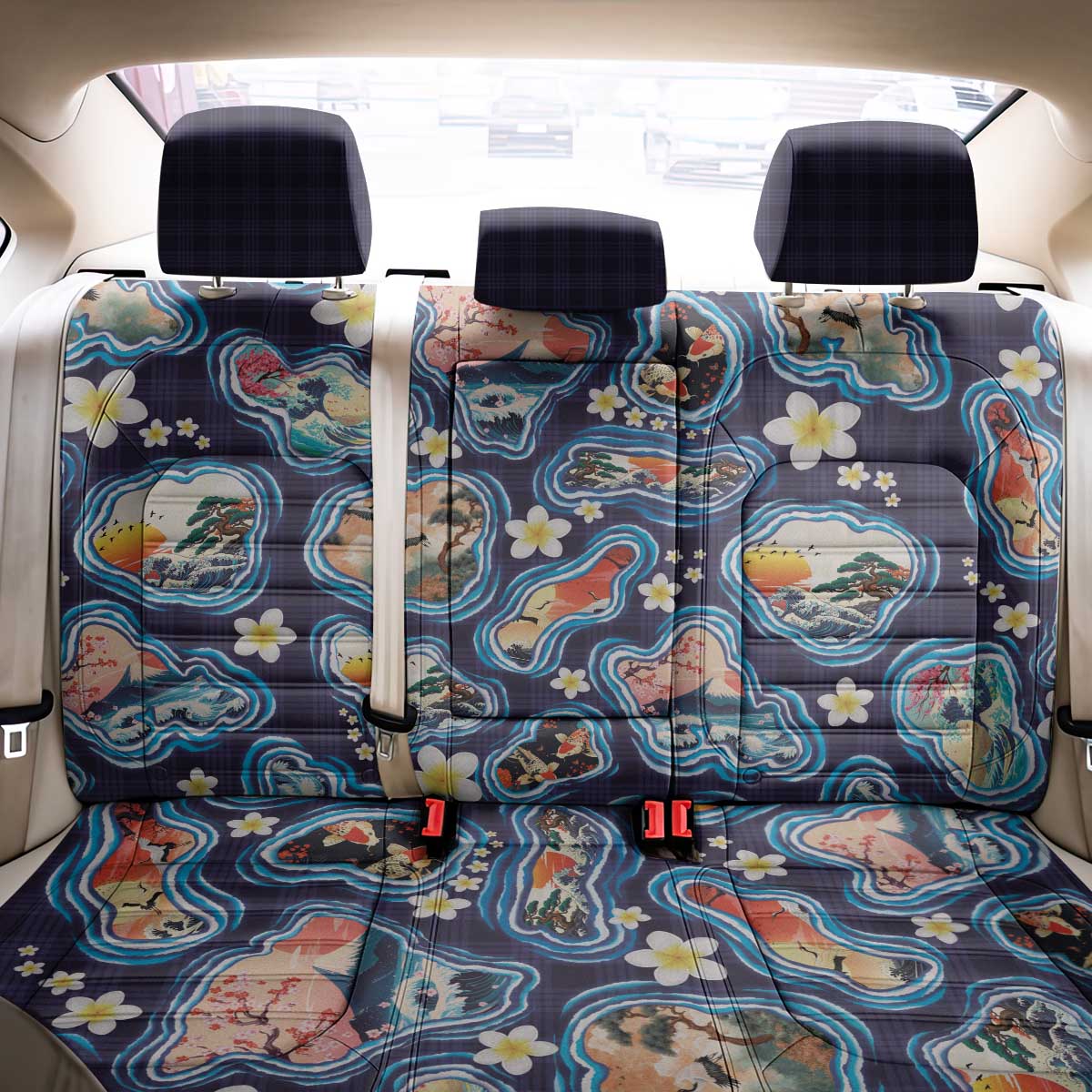 Hawaii Islands Map Design with Japanese Landscape Back Car Seat Cover Hawaiian Japan Fusion Art Navy Color LT03 - Polynesian Pride