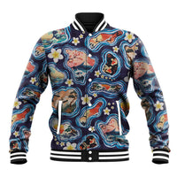 Hawaii Islands Map Design with Japanese Landscape Baseball Jacket Hawaiian Japan Fusion Art Navy Color