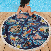 Hawaii Islands Map Design with Japanese Landscape Beach Blanket Hawaiian Japan Fusion Art Navy Color