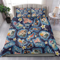 Hawaii Islands Map Design with Japanese Landscape Bedding Set Hawaiian Japan Fusion Art Navy Color