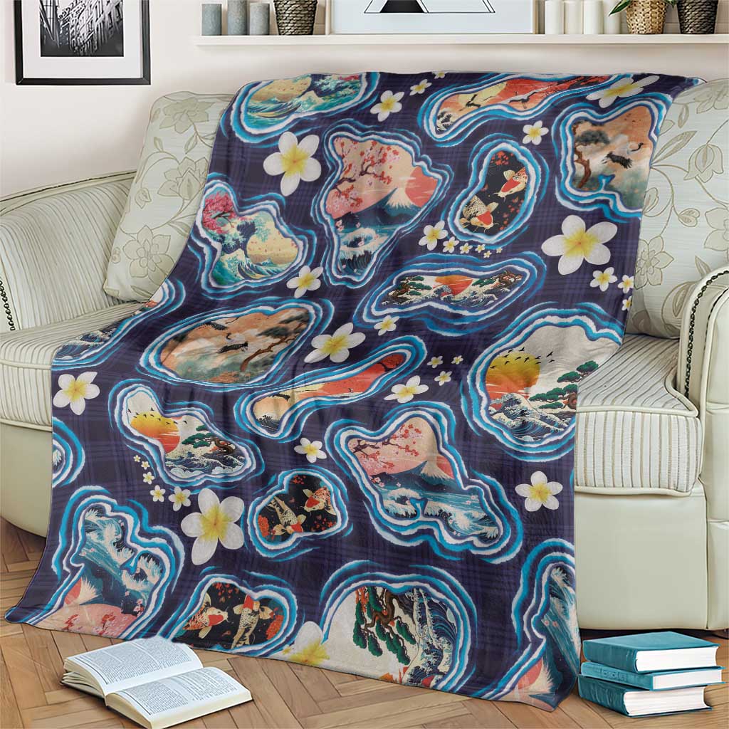 Hawaii Islands Map Design with Japanese Landscape Blanket Hawaiian Japan Fusion Art Navy Color