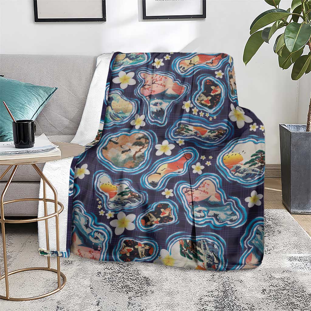 Hawaii Islands Map Design with Japanese Landscape Blanket Hawaiian Japan Fusion Art Navy Color